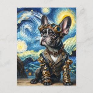 Carte Postale Steampunk Frenchie Puppy dans la nuit étoilée