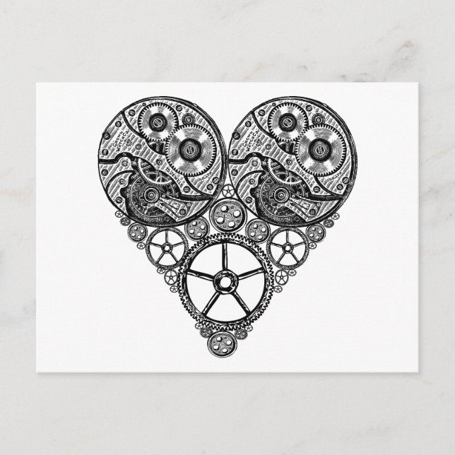 Carte Postale Steampunk Horloge OEuvres et Coeur d'engrenage (Devant)