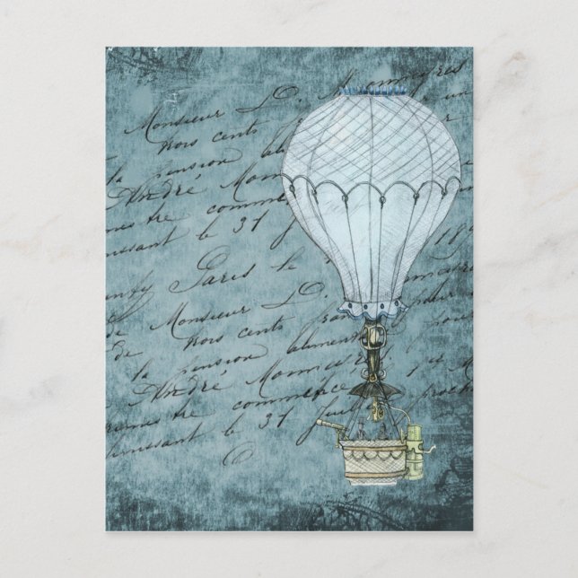 Carte Postale Steampunk Hot Air Balloon Dusk Blue écriture manus (Devant)