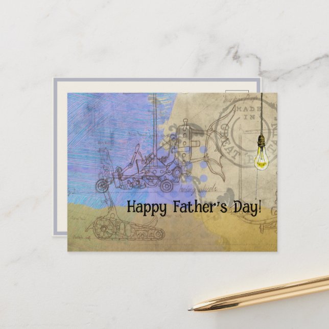 Carte Postale Steampunk Mécanique Edison Light Bulb Architect (Devant/Arrière en situation)