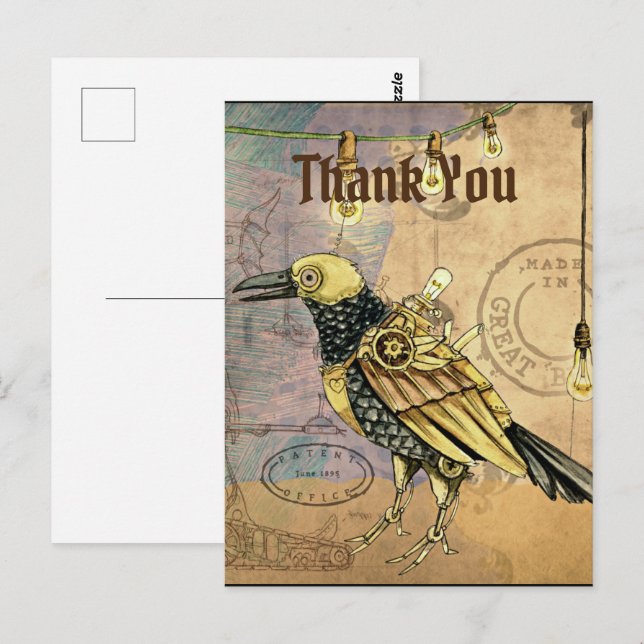 Carte Postale Steampunk Raven Merci (Devant / Derrière)