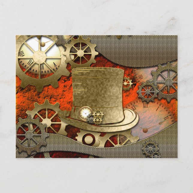 Carte Postale Steampunk sorcière casquette horloges et engrenage (Devant)