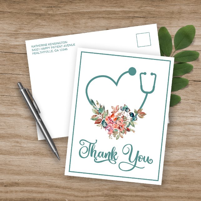 Carte Postale Stethoscope Floral moderne Coeur Infirmière Merci (Créateur téléchargé)