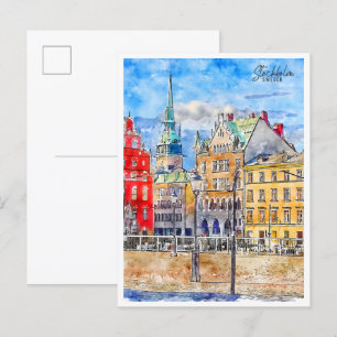 Carte Postale Stockholm Suède vintage voyage aquarelle