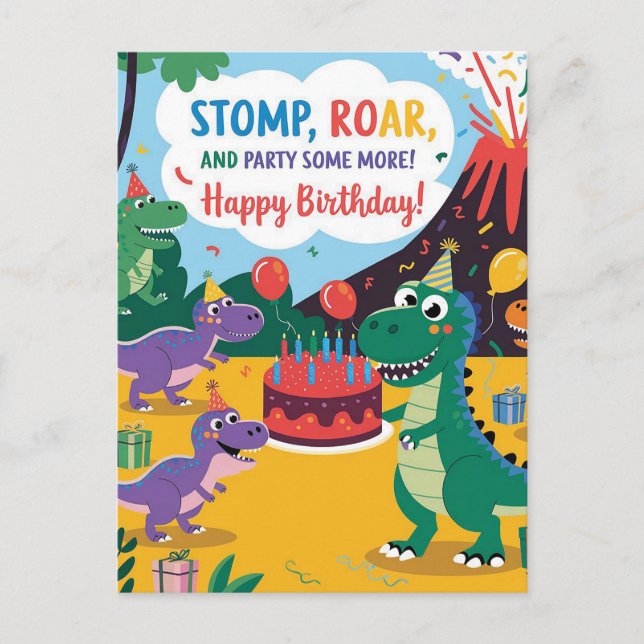Carte Postale "Stomp, Rar & Fête Un Peu Plus Dino Kids Design (Devant)