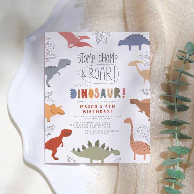 Carte Postale Stompe, Chompe & Roar ! Dinosaur Boy Birthday Part (Créateur téléchargé)