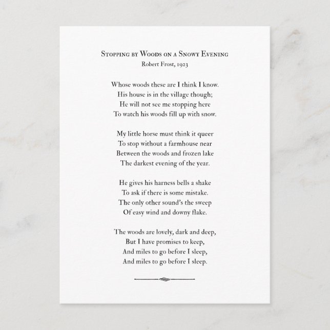 Carte Postale Stopper par Woods en soirée neige, Robert Frost (Devant)