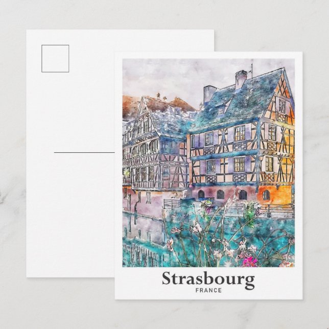 Carte Postale Strasbourg France Aquarelle Voyage Main tirée (Devant / Derrière)