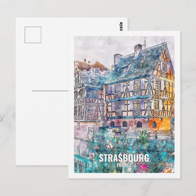 Carte Postale Strasbourg France Célèbre Place de Voyage Aquarell (Devant / Derrière)
