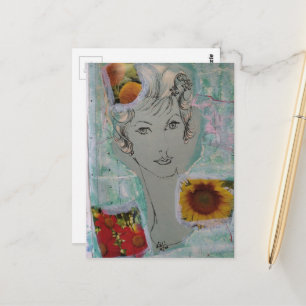 Carte Postale Style de cheveux rétro femme et fleurs collage