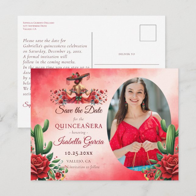 Carte Postale Style mexicain Quinceañera Sauvez la date (Devant / Derrière)