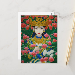 Carte Postale Style vintage Asiatique Abstraite fille avec fleur