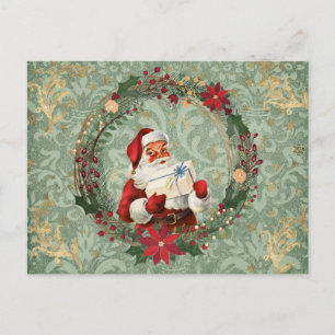 Carte Postale Style vintage Noël Père Noël et couronne