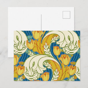 Carte Postale Style William Morris Tulipe Florale Sarcelle et Or