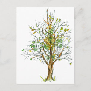 Carte Postale Stylet d'arbre d'automne et dessin d'encre aquarel