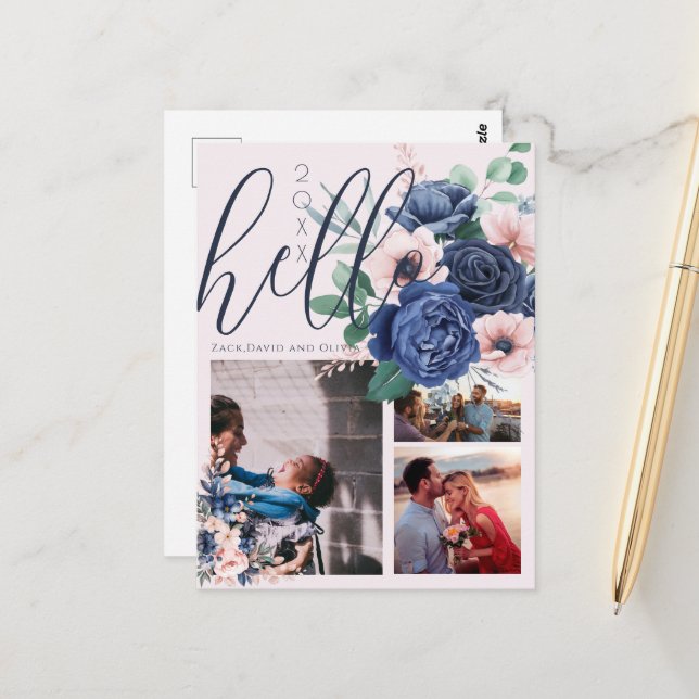 Carte Postale Stylish Script Bonjour Nouvelle Année Floral 3 Pho (Devant/Arrière en situation)