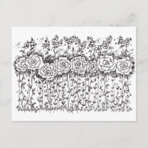 Carte Postale Stylo rose noir et blanc et dessin d'encre