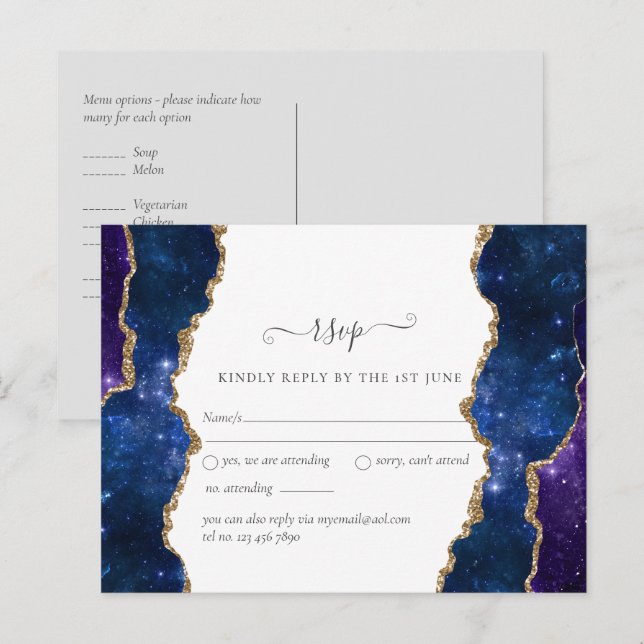 Carte Postale Sublime Agate Bleu Or ENSEMBLE DE MARIAGE (Devant / Derrière)