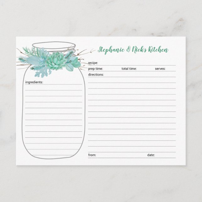 Carte Postale Succulents Mason Jar Fête des mariées Recette Cart (Devant)