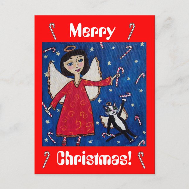 Carte postale sucre de canne Noël Angel et Chat (Devant)