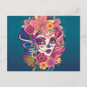 Carte Postale Sugar crâne femme en portrait de couronne de fleur