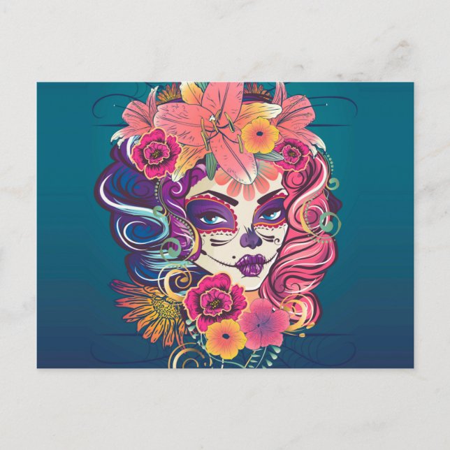 Carte Postale Sugar crâne femme en portrait de couronne de fleur (Devant)