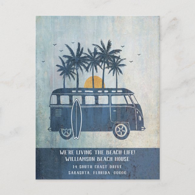 Carte Postale Summer Beach House Retro Van Nouvelle adresse (Devant)