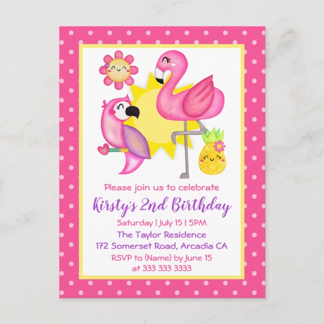 Carte Postale Summer Paradise Flamant rose Parrot fête d'anniver (Devant)