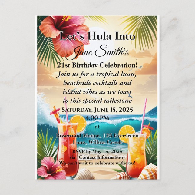 Carte Postale Summer Tropical Luau Beach Party 21e anniversaire (Devant)
