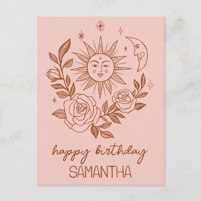 Carte Postale Sun Moon & Roses Boho Magical ANNIVERSAIRE NOM PER (Devant)