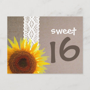 Carte Postale Sunflower Burlap & Lace Sweet 16 Invitation d'anni