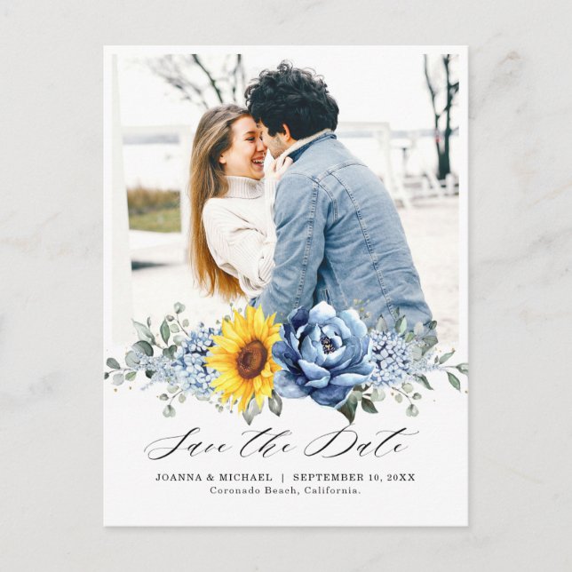 Carte Postale Sunflower Dusty Blue Slate Peony Enregistrer la da (Devant)