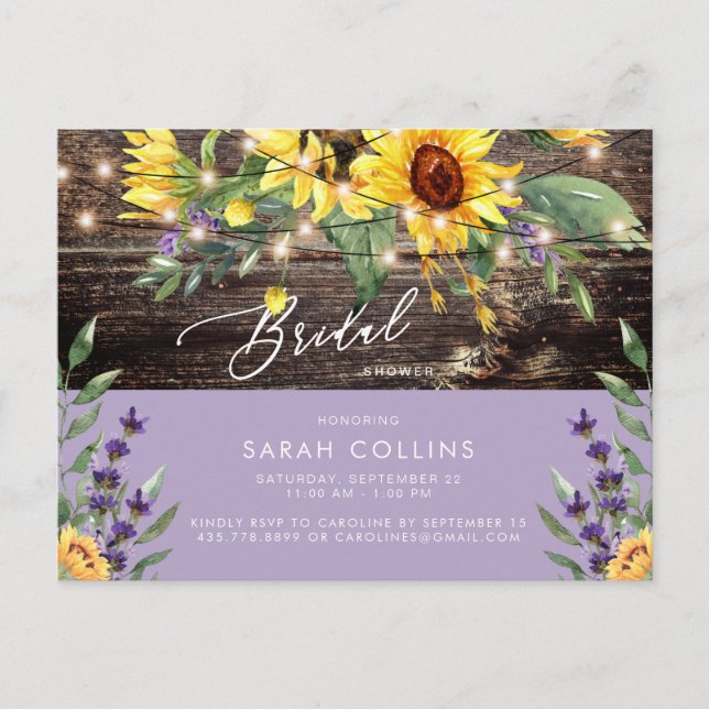 Carte Postale Sunflower et Lavender Bridal Rustic Douche (Devant)