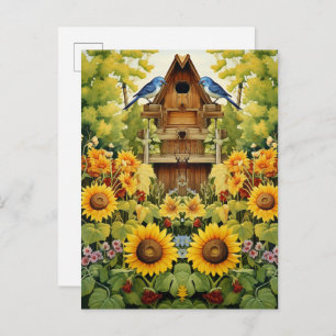 Carte Postale Sunflower Garden Bird Maisons Oiseaux bleus