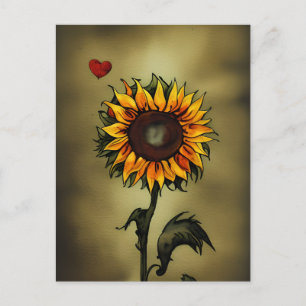 Carte Postale Sunflower Love   Aquarelle Tournesol et coeur