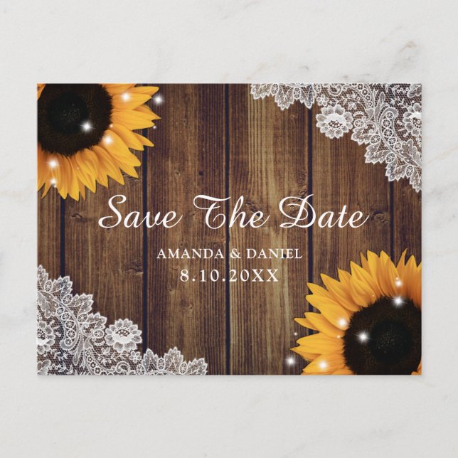 Carte Postale Sunflower Rustic Bois Dentelle Mariage Enregistrer (Devant)