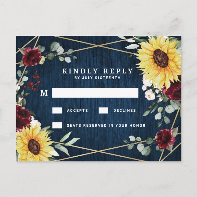 Carte Postale Sunflowers Burgundy Marine Mariage géométrique RSV (Devant)