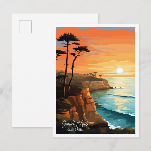 Carte Postale Sunset Cliffs Californie Illustration de voyage (Devant / Derrière)