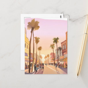 Carte Postale Sunset Coastal Town   Aquarelle côtière des palmie