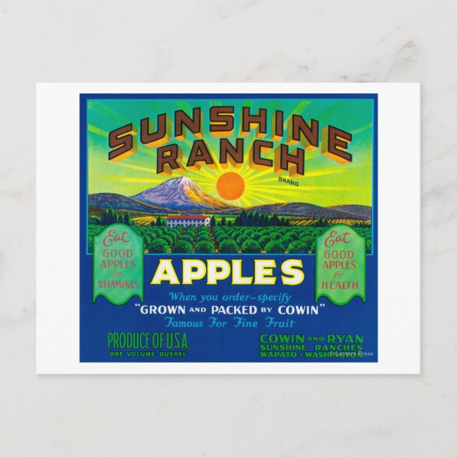 Carte Postale Sunshine Ranch Apple Étiquette - Wapato, WA (Devant)