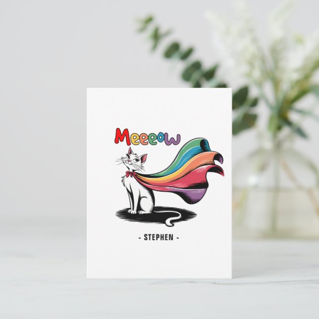 Carte Postale Super Cat Meeeow - Rainbow Cape Pride Cat (Debout devant)