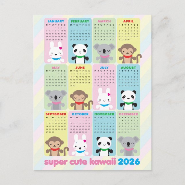Carte Postale Super Cute Kawaii Animaux 2026 Calendrier (Devant)