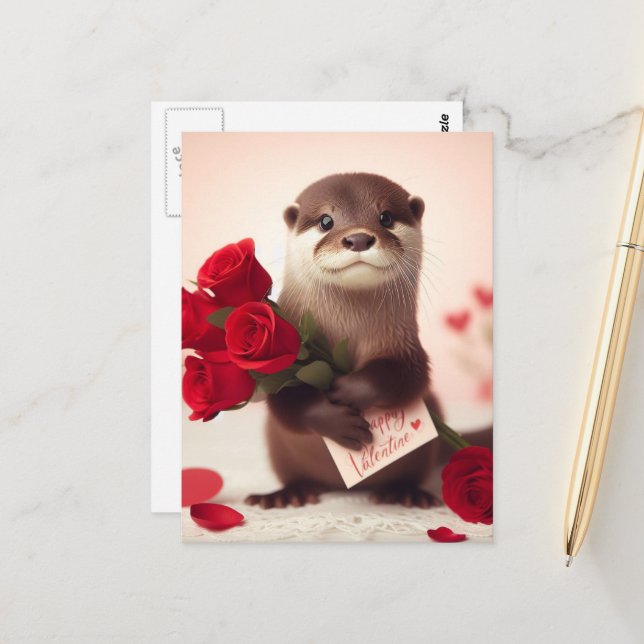 Carte postale Super Cute Valentine Otter (Devant/Arrière en situation)