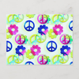 Carte Postale Super Hippie Paix Signes Fleur Power Aqua