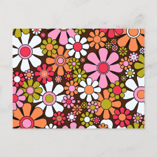Carte Postale Super Retro Floral 60s les années 70 Fleurs Rose e