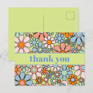 Carte Postale Super Retro Floral coloré 60s les années 70 Merci