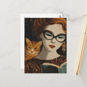 Carte Postale Superbe dame vintage et son chat lisant