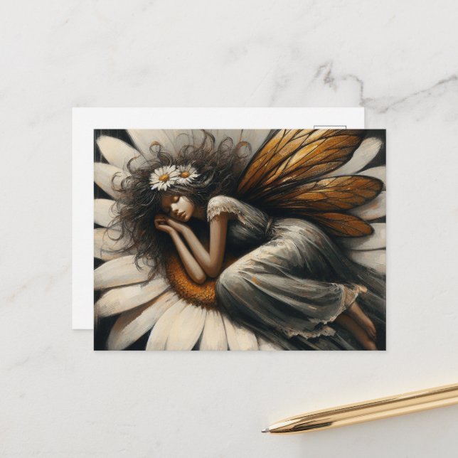 Carte Postale Superbe Fée endormi sur une fleur (Devant/Arrière en situation)