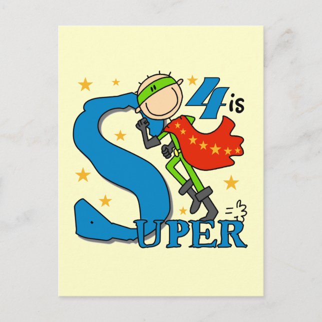 Carte Postale Superhero Boy 4th Birthday Tshirts et cadeaux (Devant)