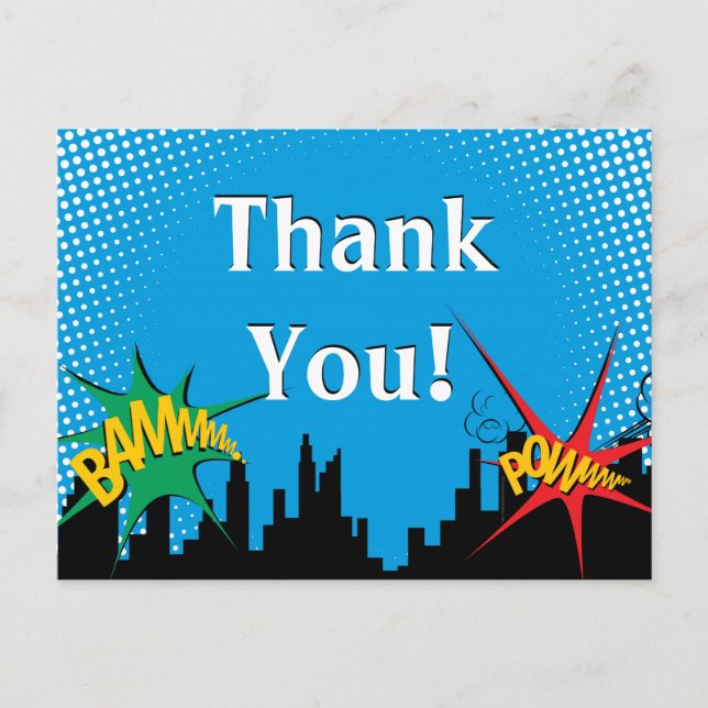 Carte Postale Superhero Comic Boy's Birthday Party Merci (Devant)
